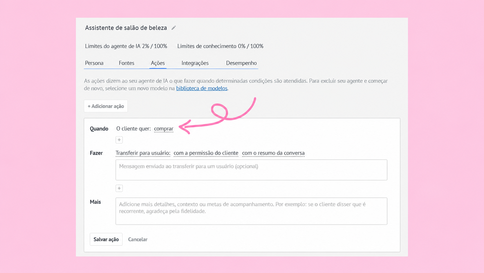 Interface for a beauty salon assistant showing action options for customer requests.